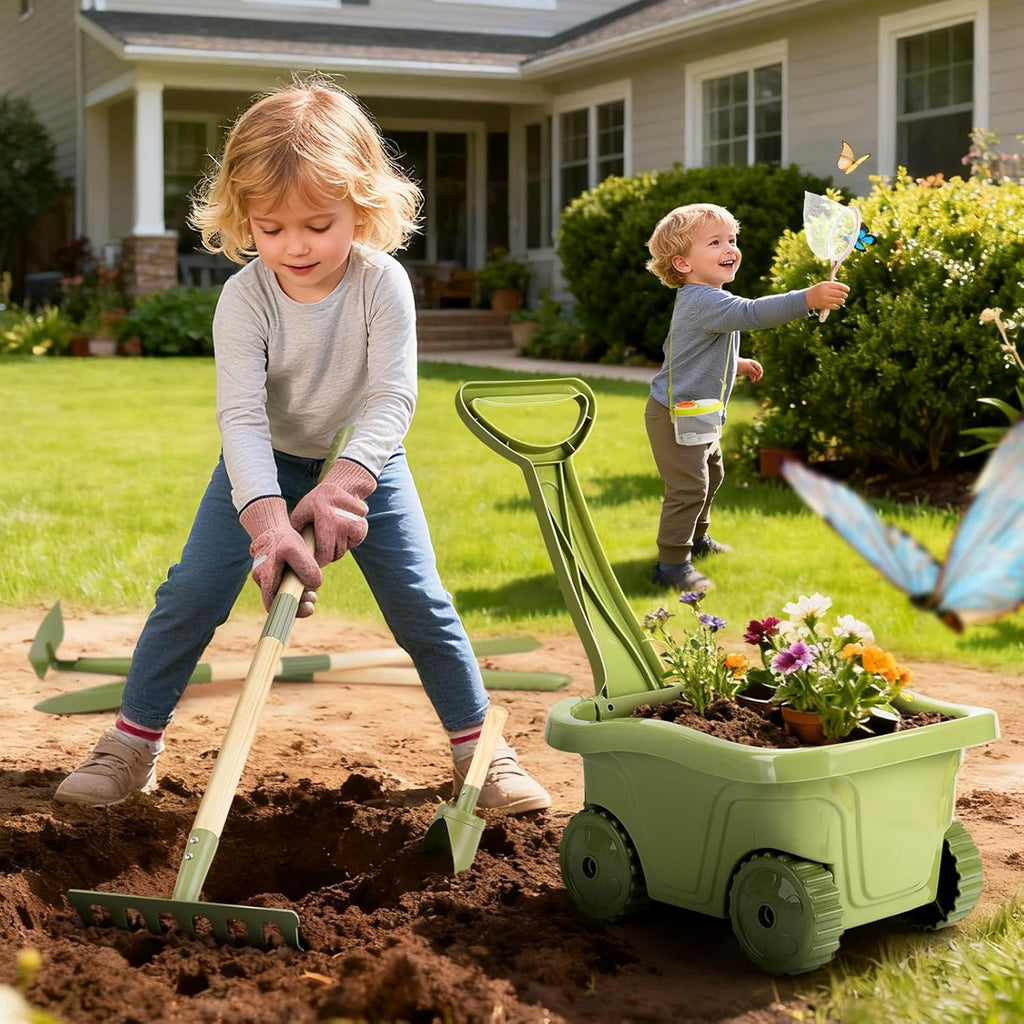 Dreamon Kids Gardening Set, 14Pcs Kids Gardening Tool with Bug Catching Kit | 2-in-1 Outdoor Toys with Wheelbarrow and
