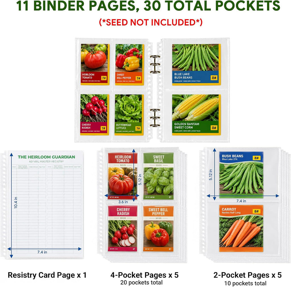 Volitaous 60-Slot Seed Storage Organizer Box with Seed Binder | Seed Containers Storage & Tracking, with 30-Pockets