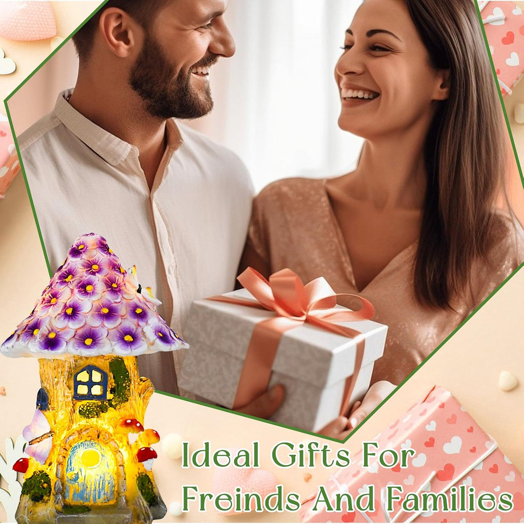 Fairy Garden House Outdoor Figurine Lights, Fairy Houses for Outside | Garden Statues Mushroom House, for Patio, Yard