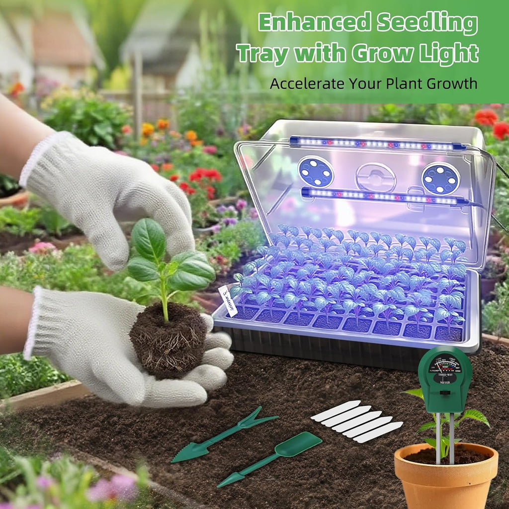 Seed Starter Tray with Grow Light, 2 Pack 120 Cells Seedling Tray Kit with 3-in-1 Soil Moisture Meter, Indoor Seedling