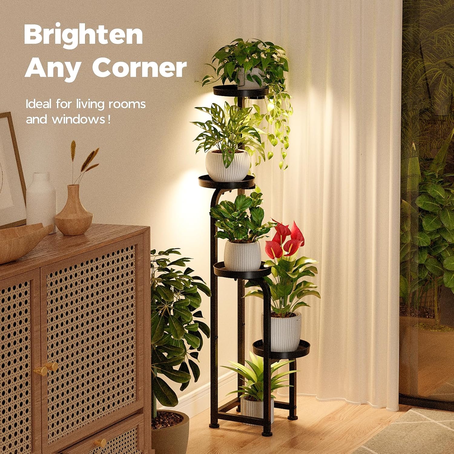 Bamworld Plant Stand with Grow Light Corner Metal Flower Pot Stands | 4 Tier Plant Shelf with Grow Lights for Patio