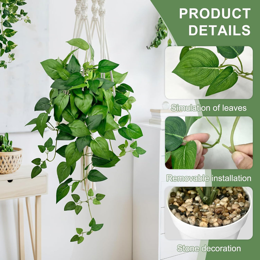 2 Pack Artificial Hanging Plants with White Pots 23.6'' | Fake Pothos Potted Plants Faux Ivy Vines Realistic Greenery