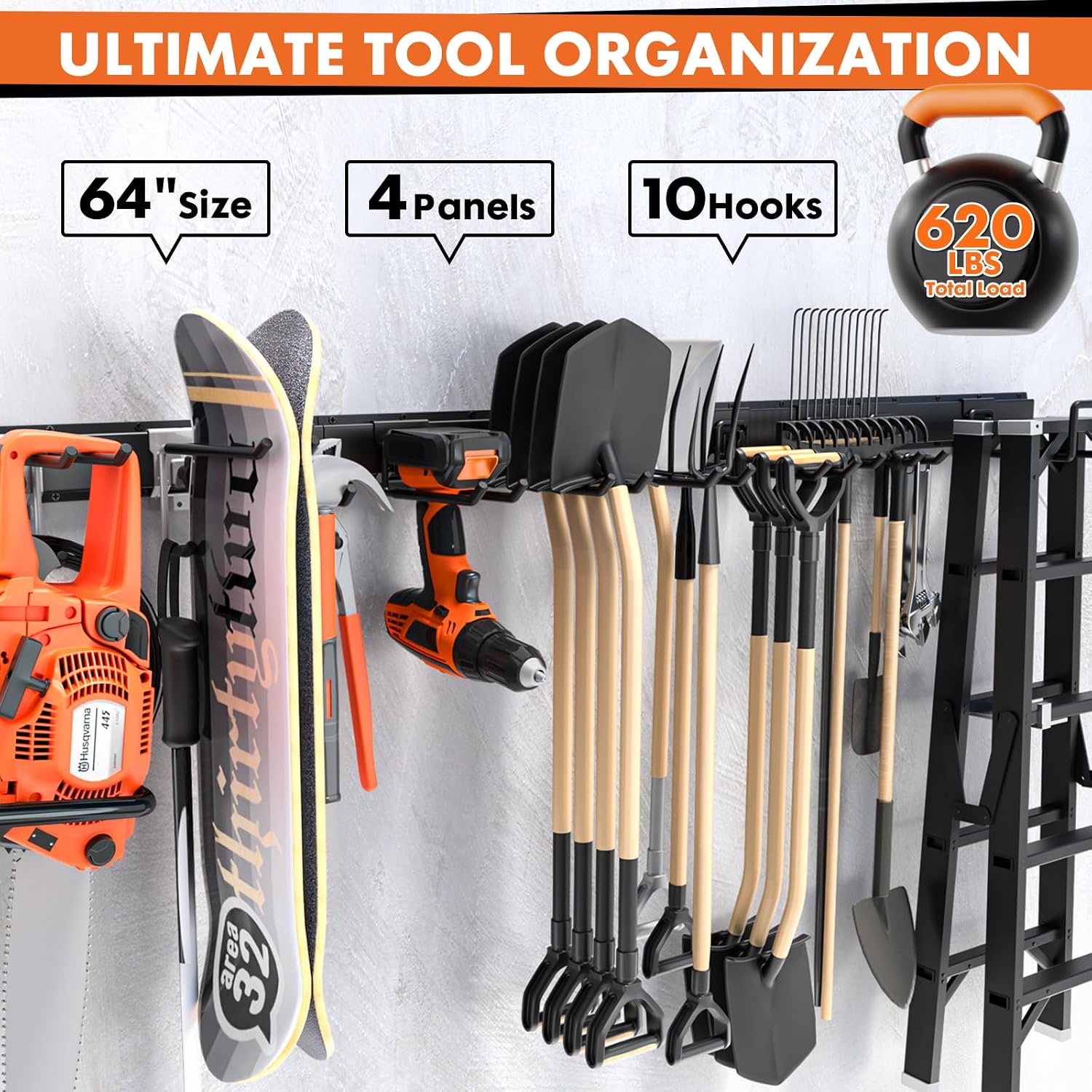 64'' Garage Tool Organizer Wall Mount, 620lbs Heavy Duty Metal Storage Rack | Adjustable Hooks Garden Tool Organization