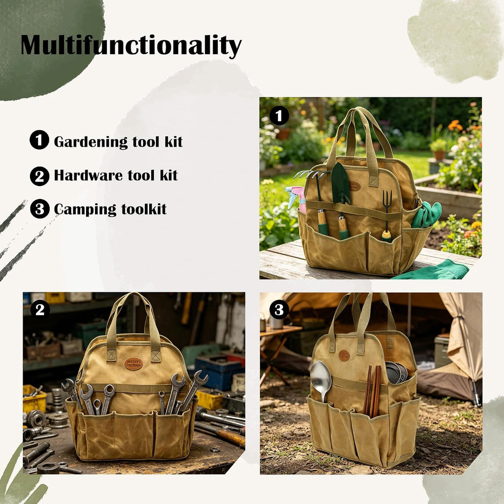 Waxed Canvas Utility Tote Bag, Large Capacity Multi-Pocket Garden Tool Bag, Heavy Duty Waterproof Work Tote for