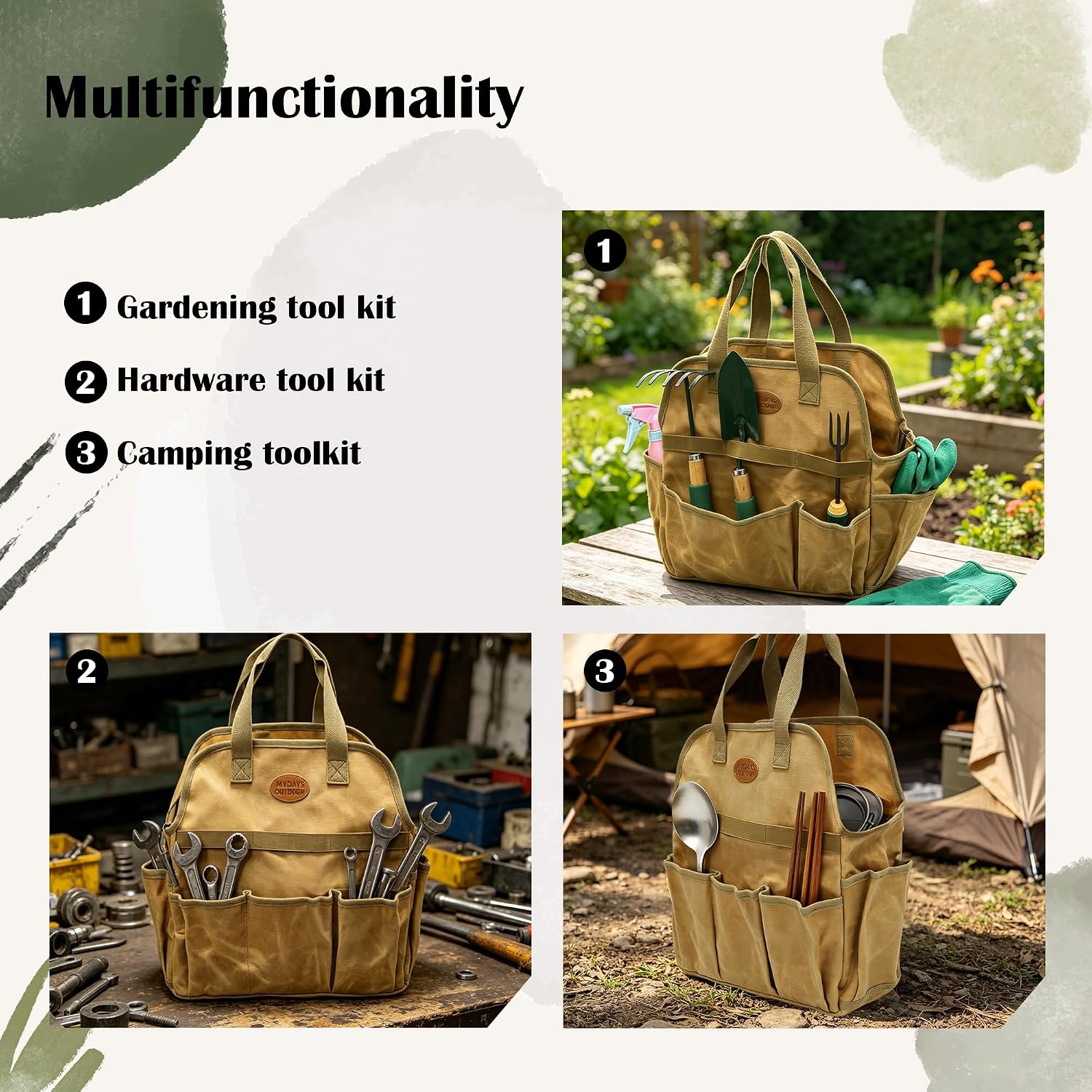 Waxed Canvas Utility Tote Bag, Large Capacity Multi-Pocket Garden Tool Bag, Heavy Duty Waterproof Work Tote for