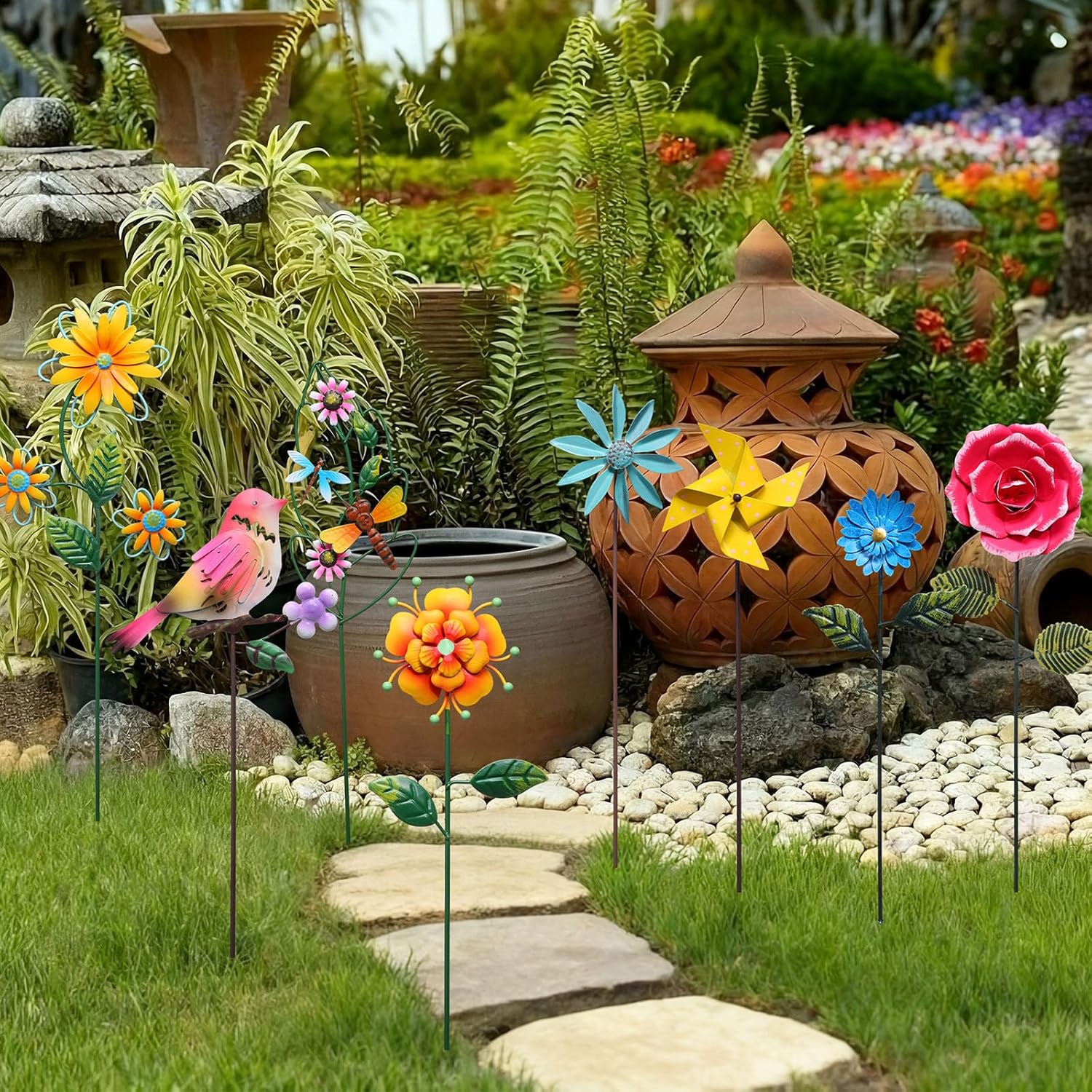 8 Pcs Metal Flower Yard Art for Outside Outdoor 14" 5d Summer Wildflowers Metal Sign Waterproof Garden Stakes Bird