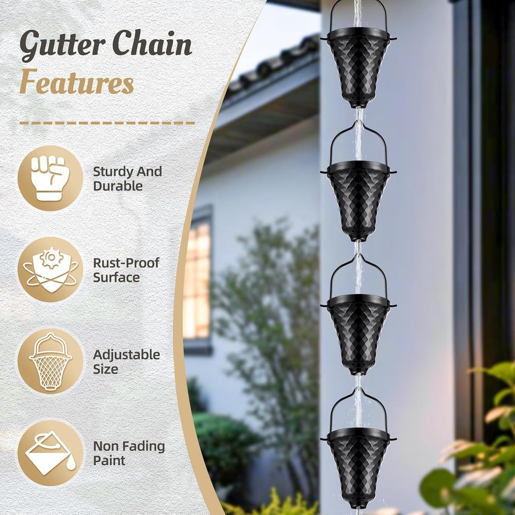 8.5 FT Black Rain Chain with 16 Cups for Gutters Downspouts Outside | Large Opening to Avoid Splashing, Instruction for