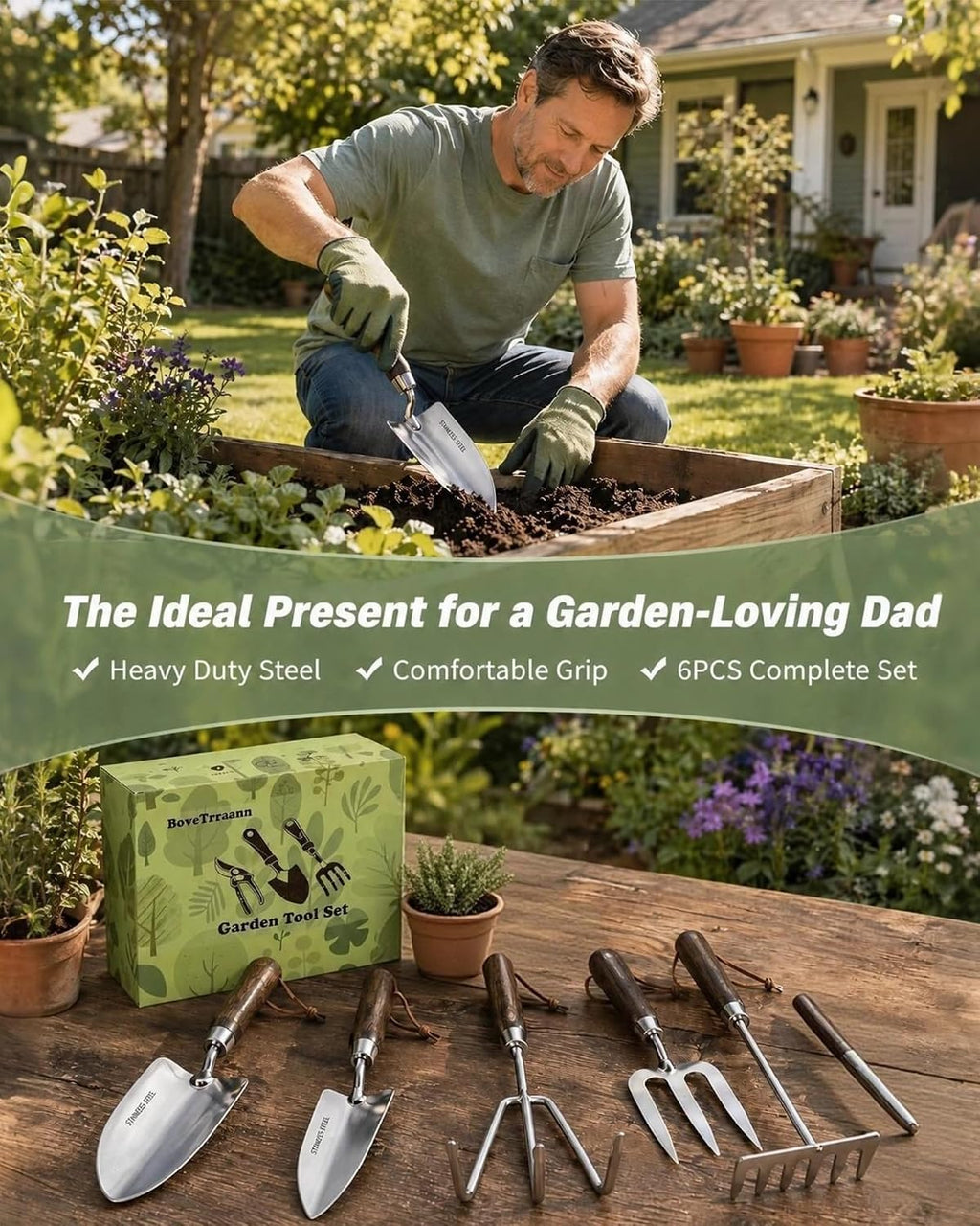 Garden Tool Set, 6PCS Heavy Duty Stainless Steel Gardening Hand Tools with Ropes, Includes Hand Cultivator Shovel
