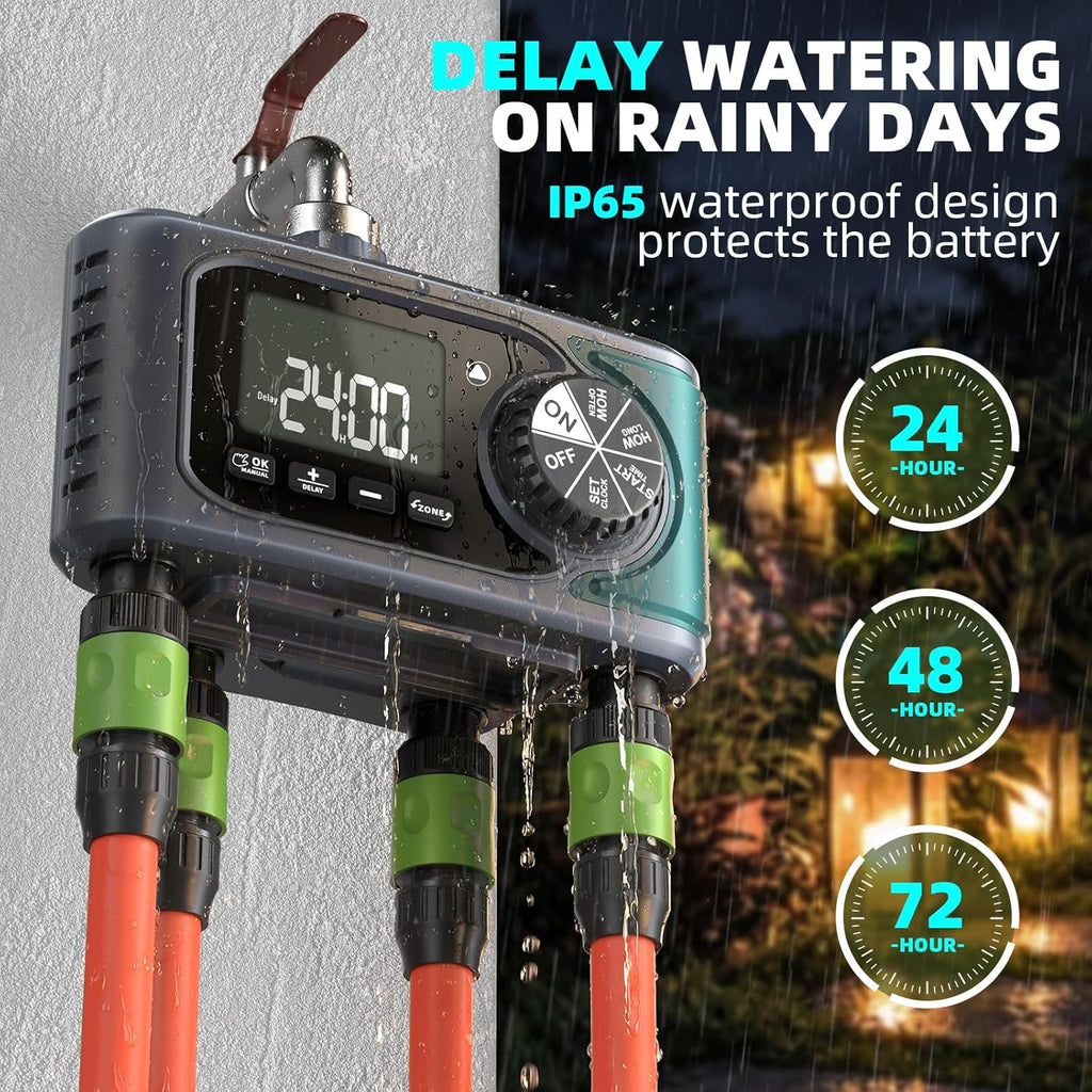 Sprinkler Timer for Outdoor Hose Faucet 4 Zone, Programmable Hose Timer with Rain Delay/Manual/Automatic Watering