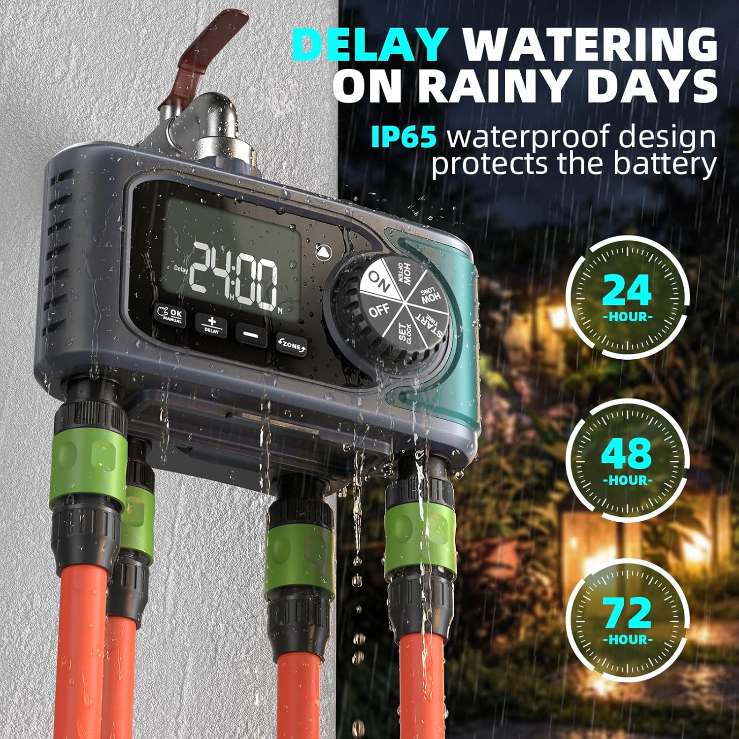 Sprinkler Timer for Outdoor Hose Faucet 4 Zone, Programmable Hose Timer with Rain Delay/Manual/Automatic Watering