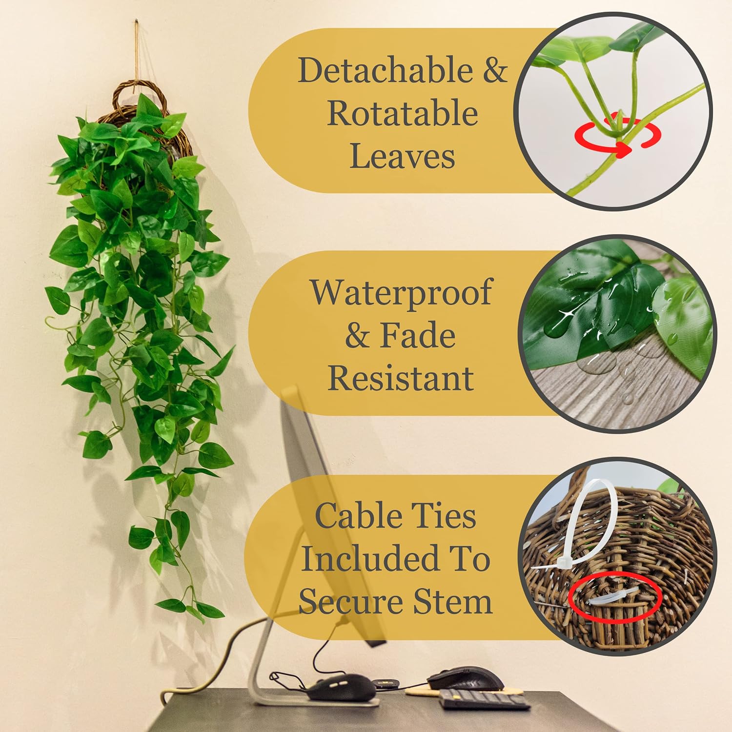 Tapeera 2-Pack Artificial Plants (with Baskets) - Ivy Vines Pothos - Outdoor & Indoor Decorations - Wall Faux Hanging