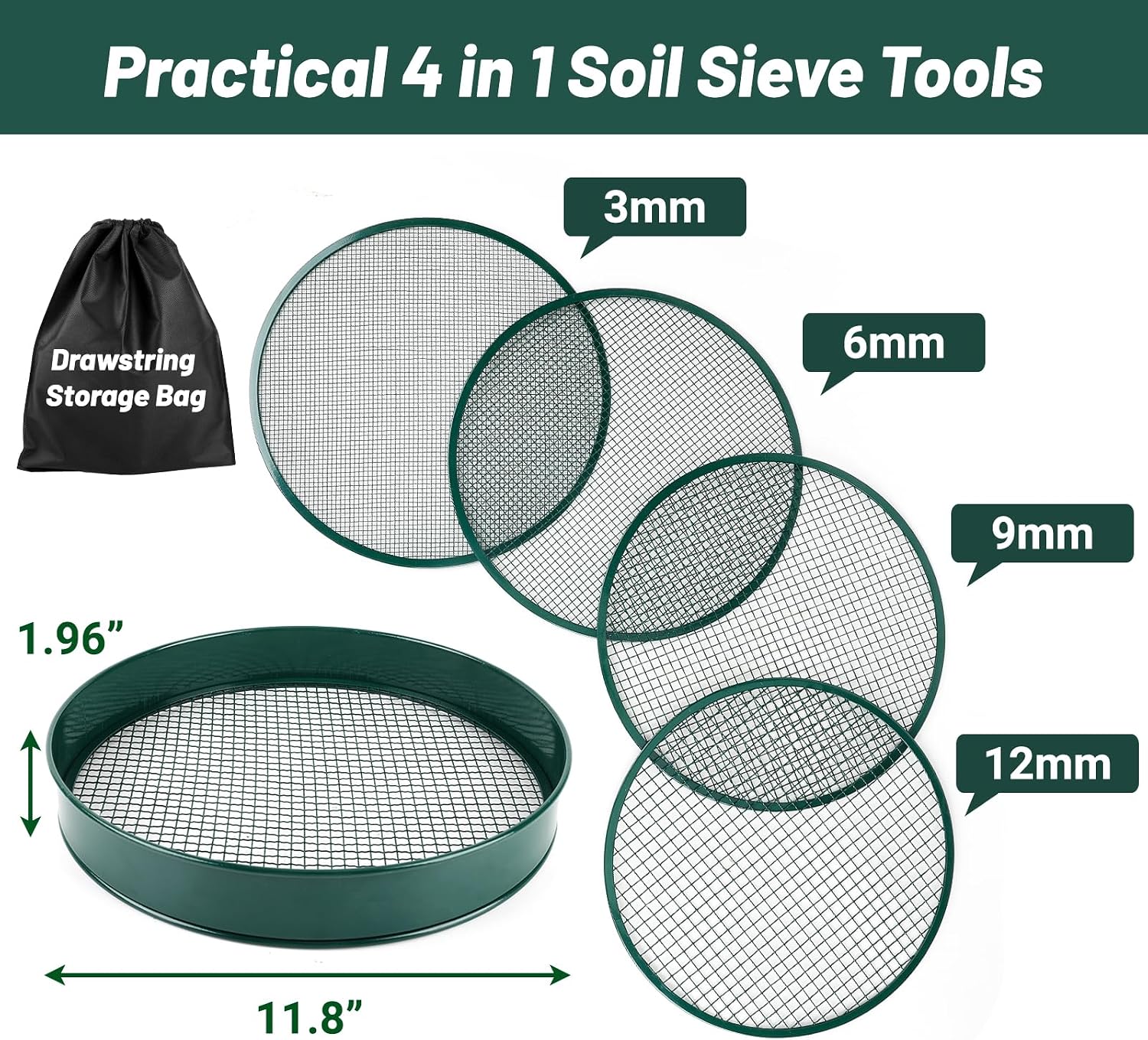Soil Sifter for Gardening, 12" Green Soil Sifter Potting Sieve with Shovel and 4 Fine Screens for Sand Dirt, Sand