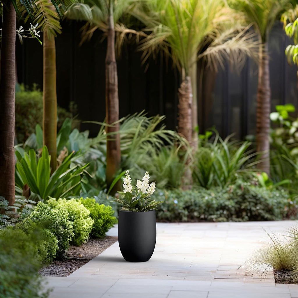 Kante Small Round Curved Black Concrete Planter 9.1" Dia, Outdoor | Rubber Plug for Indoor, Drainage for Garden