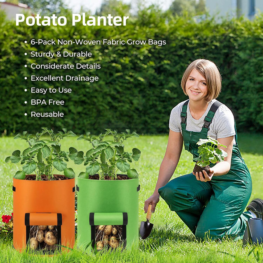 6 Pack Potato Grow Bags, 10 Gallon Planting Bags Large Fabric Pots with Flap Window Vegetable Planter Garden Pot Tall