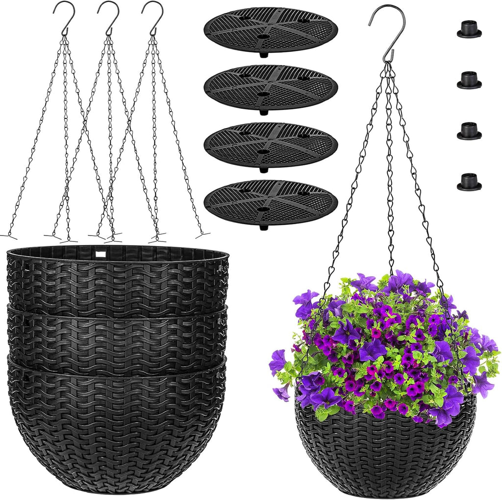 Foraineam 4 Pack Black Hanging Planters, 8.2 inch Hanging Flower Basket Planter Pots, Garden Plant Pot Container