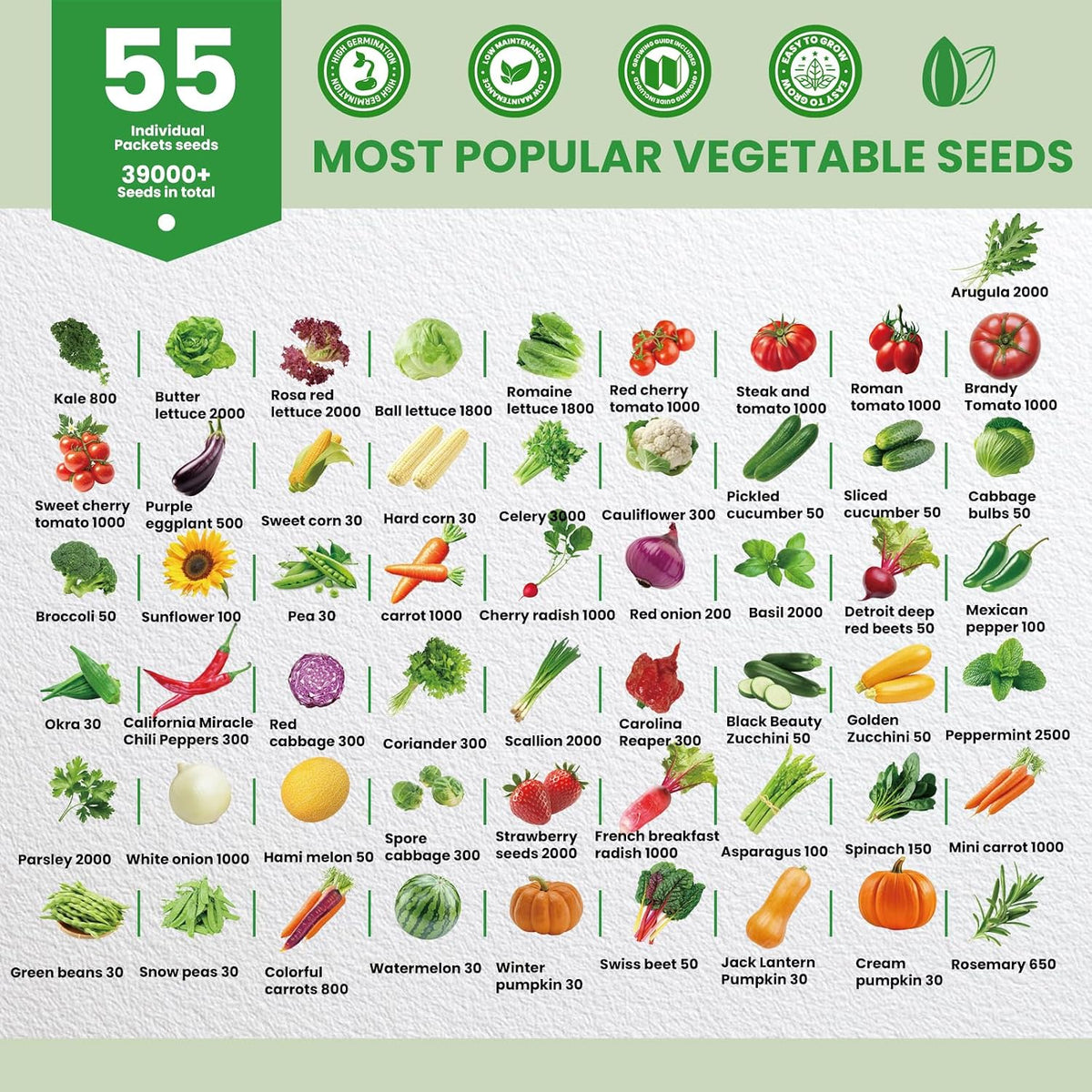55 Vegetable Seeds Variety Pack - 39,000+ Heirloom Seeds for Planting Vegetables and Fruits, Outdoor Garden Seeds for