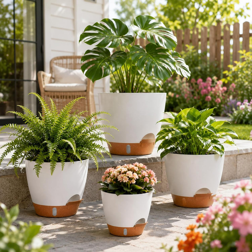 Large Self Watering Pots for Indoor Plants, 12/10/9/8 Inch White | Repotting Mat Included, Water Level Indicator, Deep