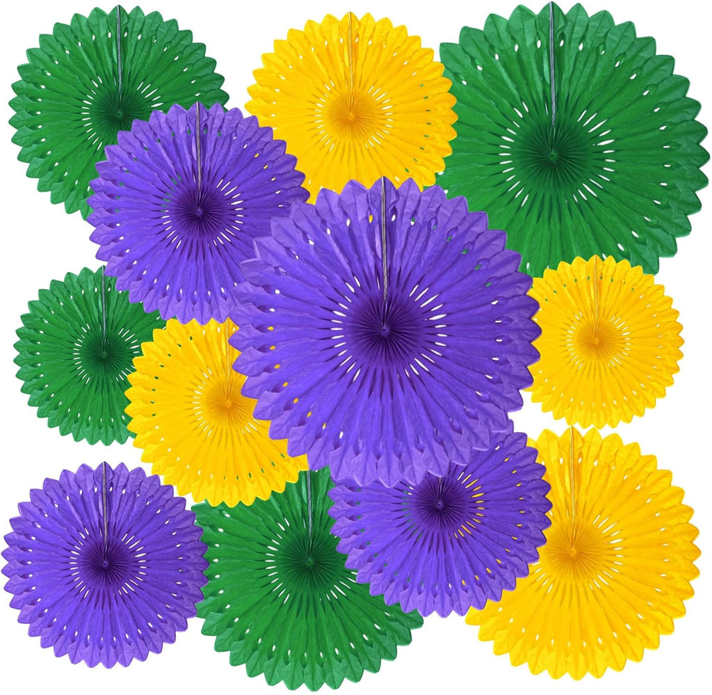 18 Pcs Mardi Gras Hanging Paper Fan, Hanging Honeycomb Round Paper Fans for Weddings, Birthdays, Christmas, Baby Showers, Classroom, Events Ceiling Party Supplies Decorations