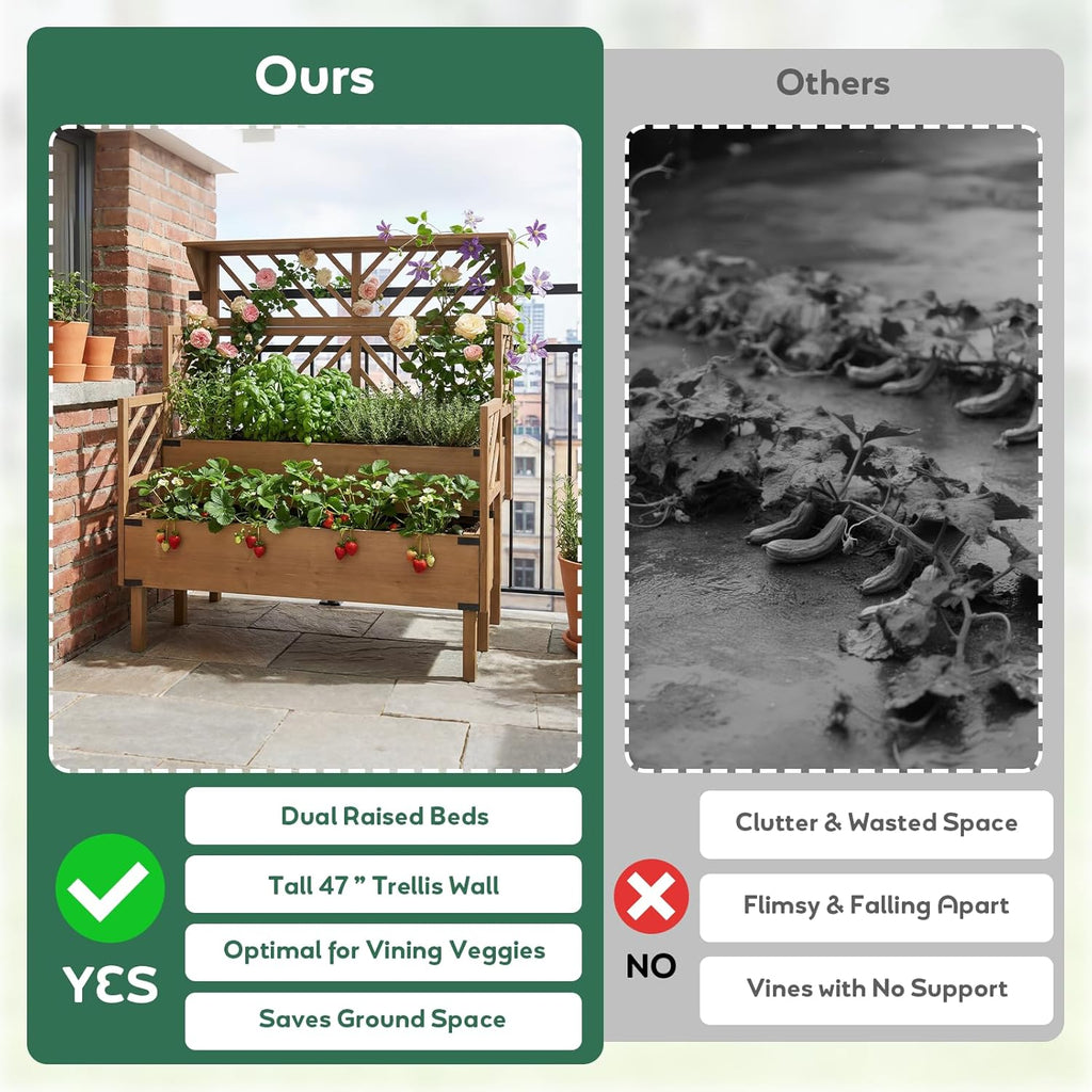 Raised Garden Bed with Trellis, 2-Tier Elevated Planter Box with Legs & Top Shelf, Liner, Metal Corners, Wooden Garden