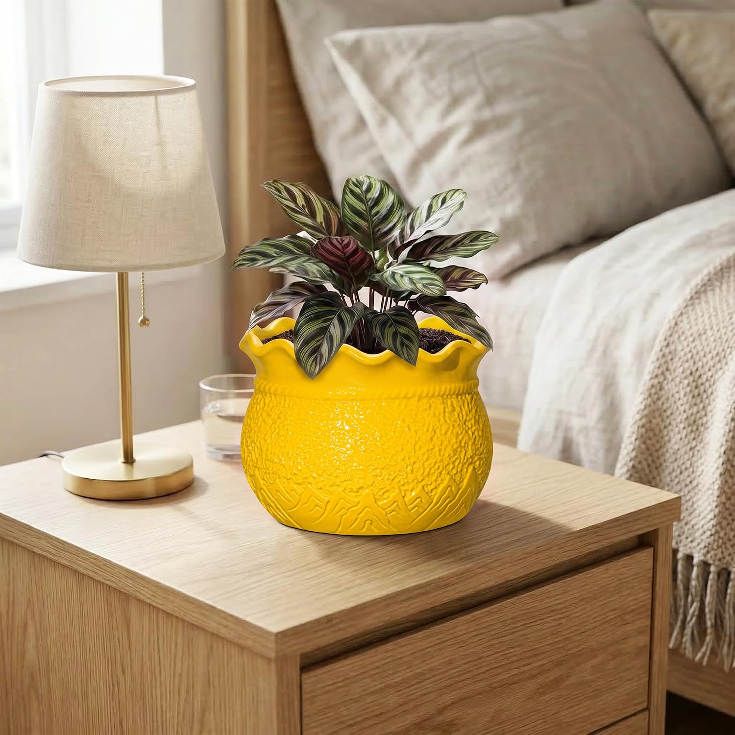 Ceramic Plant Pots, 6 Inch Indoor Planter with Drainage, Yellow | Decorative Flower Pots for Indoor Plants, Unique