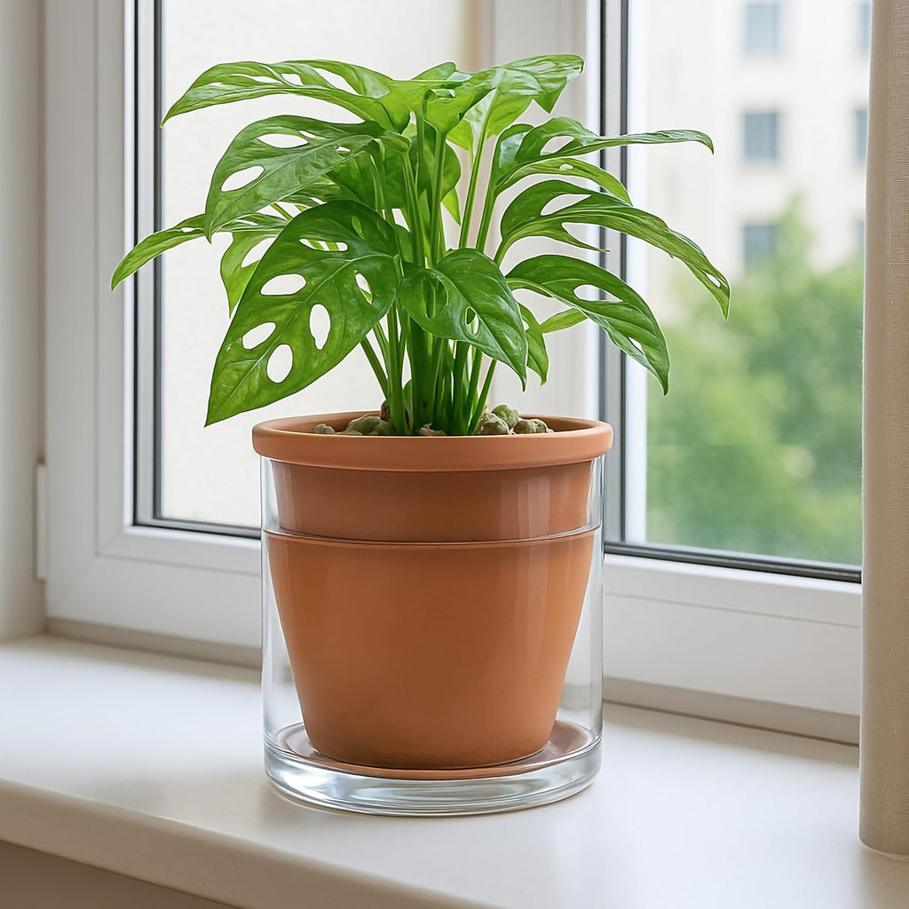 D'vine Dev Self Watering Terracotta Planter Pot, 6 in, 2-Pack, 37-Y-B-1 | Terracotta & Glass Design, Clear Water
