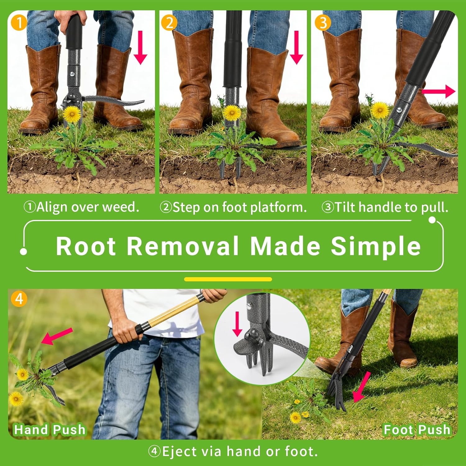 Weed Puller Tool for Garden Lawn Yard, 57.5" | Includes 16 Gallon Leaf Bag, Dual-Eject Mechanism, 4-Claw Steel Head