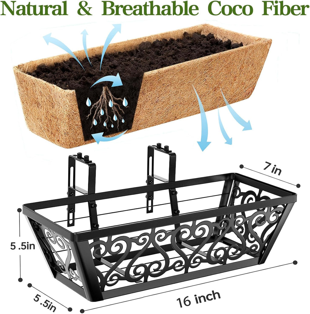 2 Pack 16 Inch Deck Railing Planter Box - Window Boxes Planters with Adjustable Brackets Coco Liners Balcony Planters