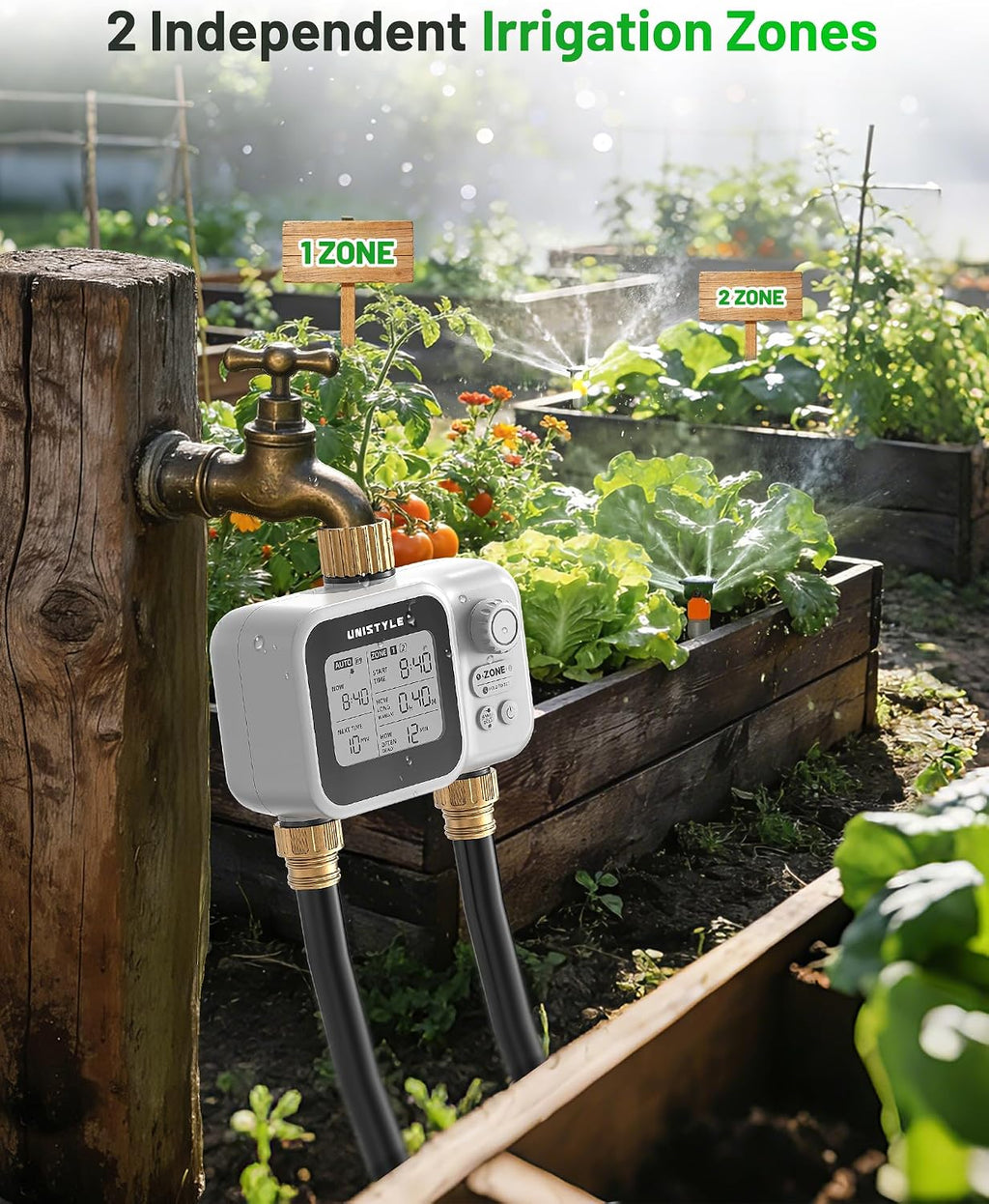 [All-New 2027] 2 Zone Ball Valve Sprinkler Timer Brass Inlet, Low-Pressure Starts at Zero Pressure, Unistyle Water