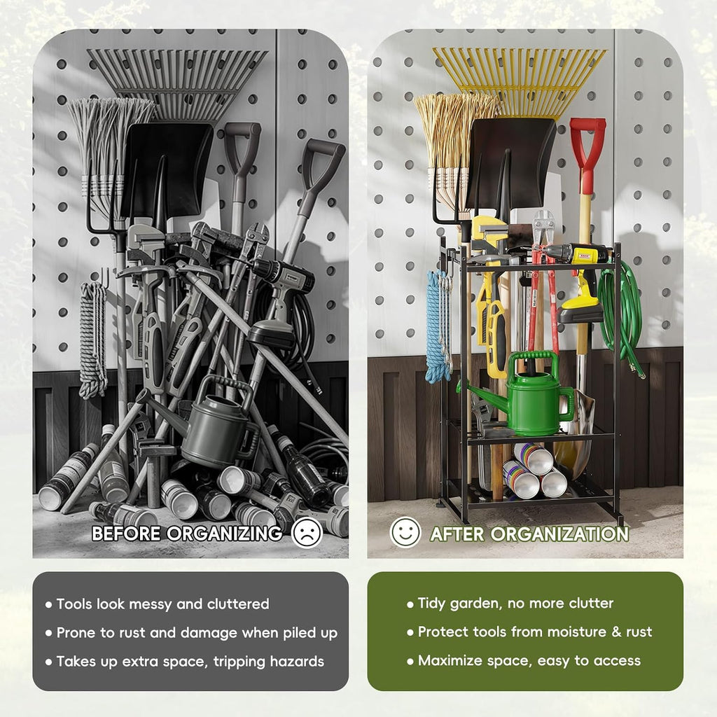 Garden Tool Organizer with Leveling Feet, Yard Tool Tower Rack for Garage Organization with Large Tool Bags with