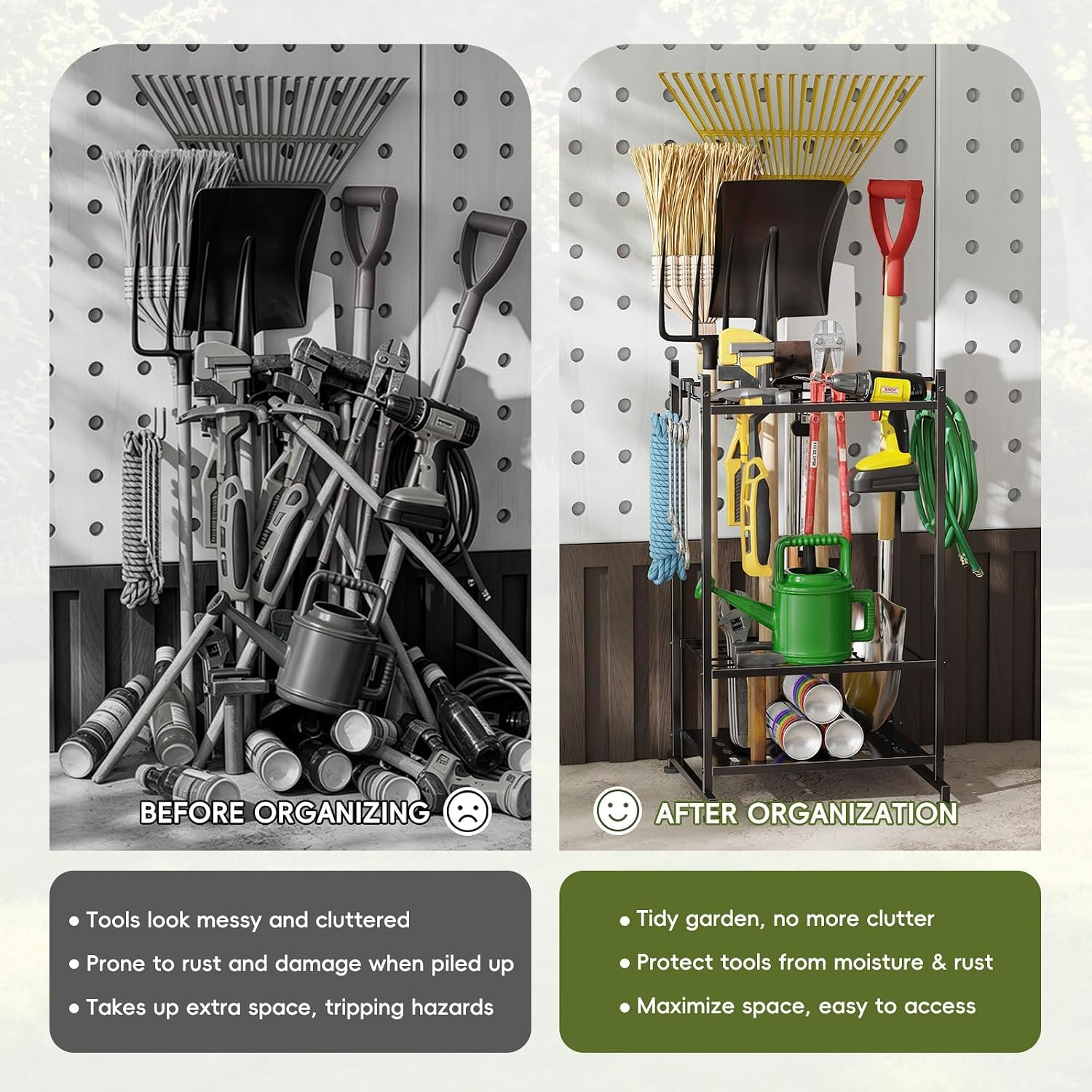 Garden Tool Organizer with Leveling Feet, Yard Tool Tower Rack for Garage Organization with Large Tool Bags with