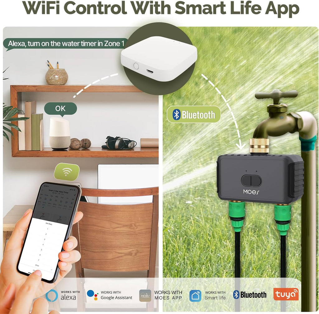 MOES WiFi Sprinkler Timer 2 Zone with BLE Hub, Brass Inlet & Outlet, Grey | Programmable Smart Watering System for