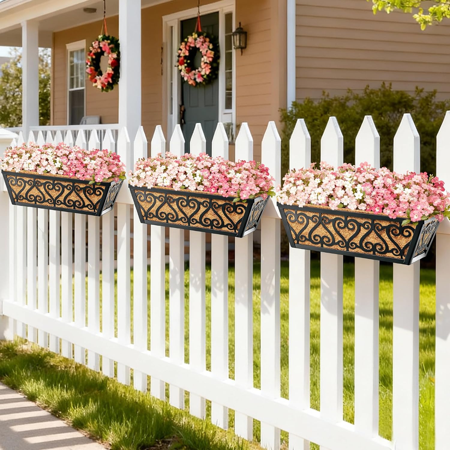 2 Pack 16 Inch Deck Railing Planter Box - Window Boxes Planters with Adjustable Brackets Coco Liners Balcony Planters
