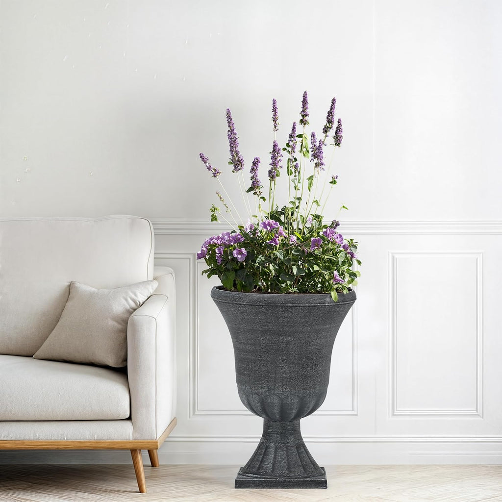 Autodaya 22" Tall Urn Planters for Outdoor Plants Set of 2 Large Flower Pot | 3D Textured Washed Black Pedestal Outdoor