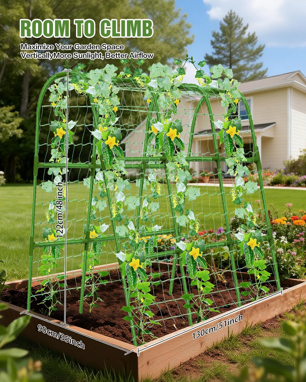 51x35x48in U-Shape Metal Arch Cucumber Trellis for Raised Bed with Net | Sturdy garden trellis, Climbing plant support
