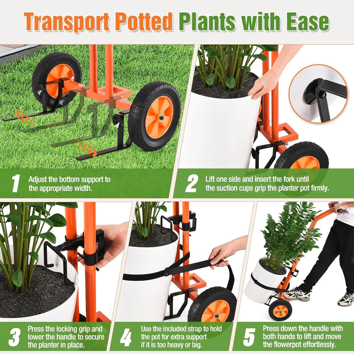 Plant Caddy with Wheels, Heavy Duty Plant Mover Cart with Adjustable Grabbing Arm and Strap, 175 LBS T-Handle Plant
