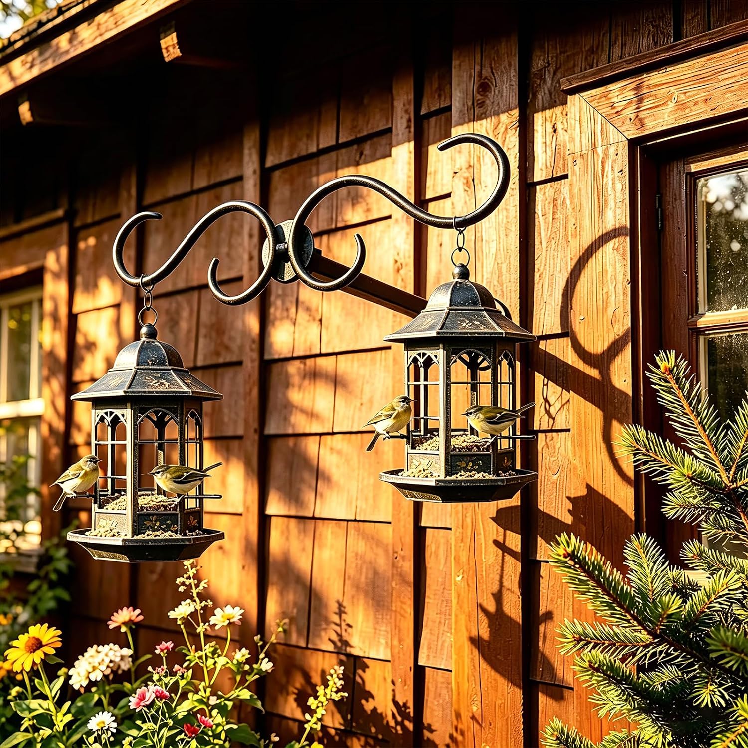 Wall Mount Double Shepherds Hook for Outdoor Bird Feeder & Planter, Heavy Duty Bracket with 12" Standoff, Rustproof