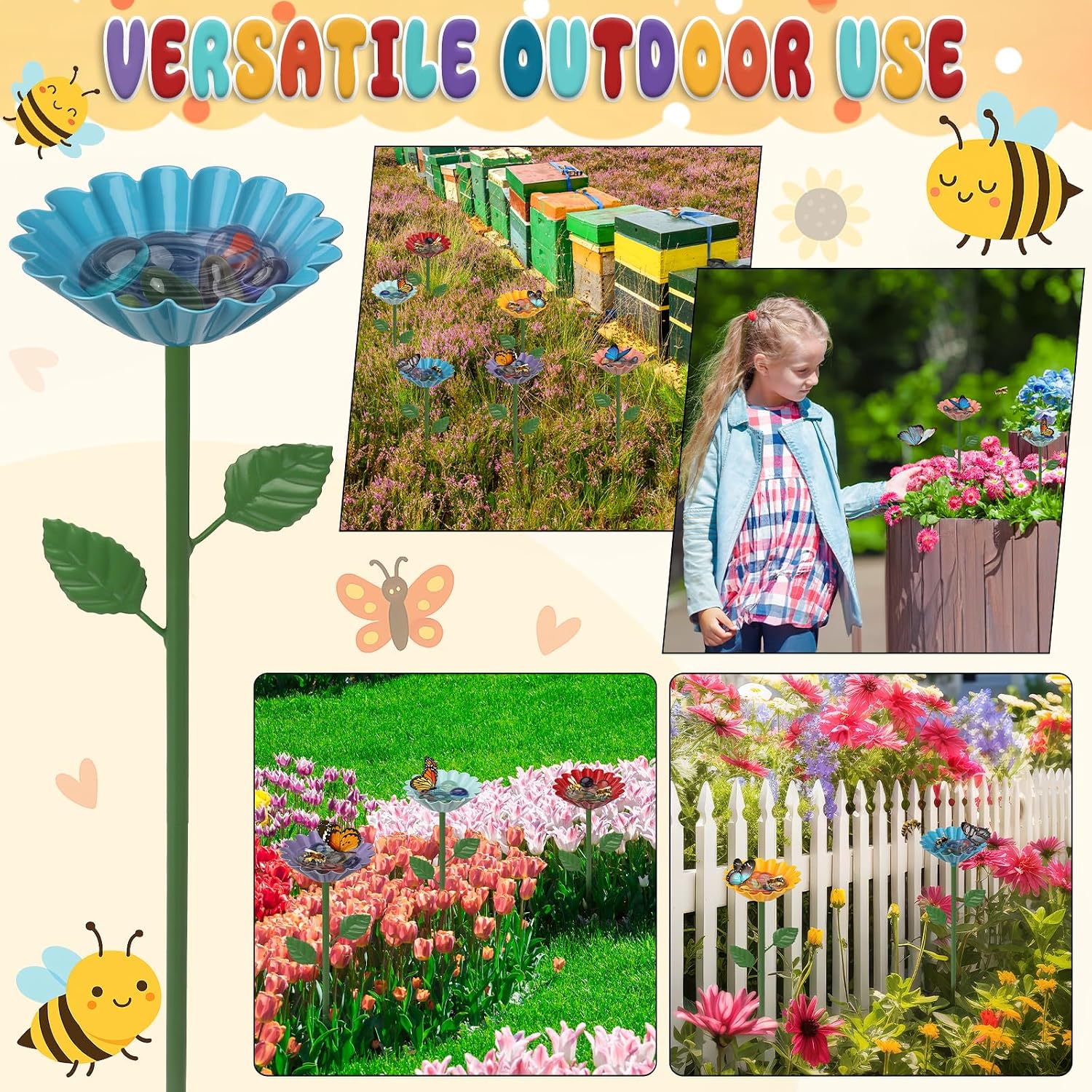 12 Pack Bee Watering Station, Bee Feeder for Garden Metal Butterfly Water Feeder Colorful Flower Design Bath Bowl with
