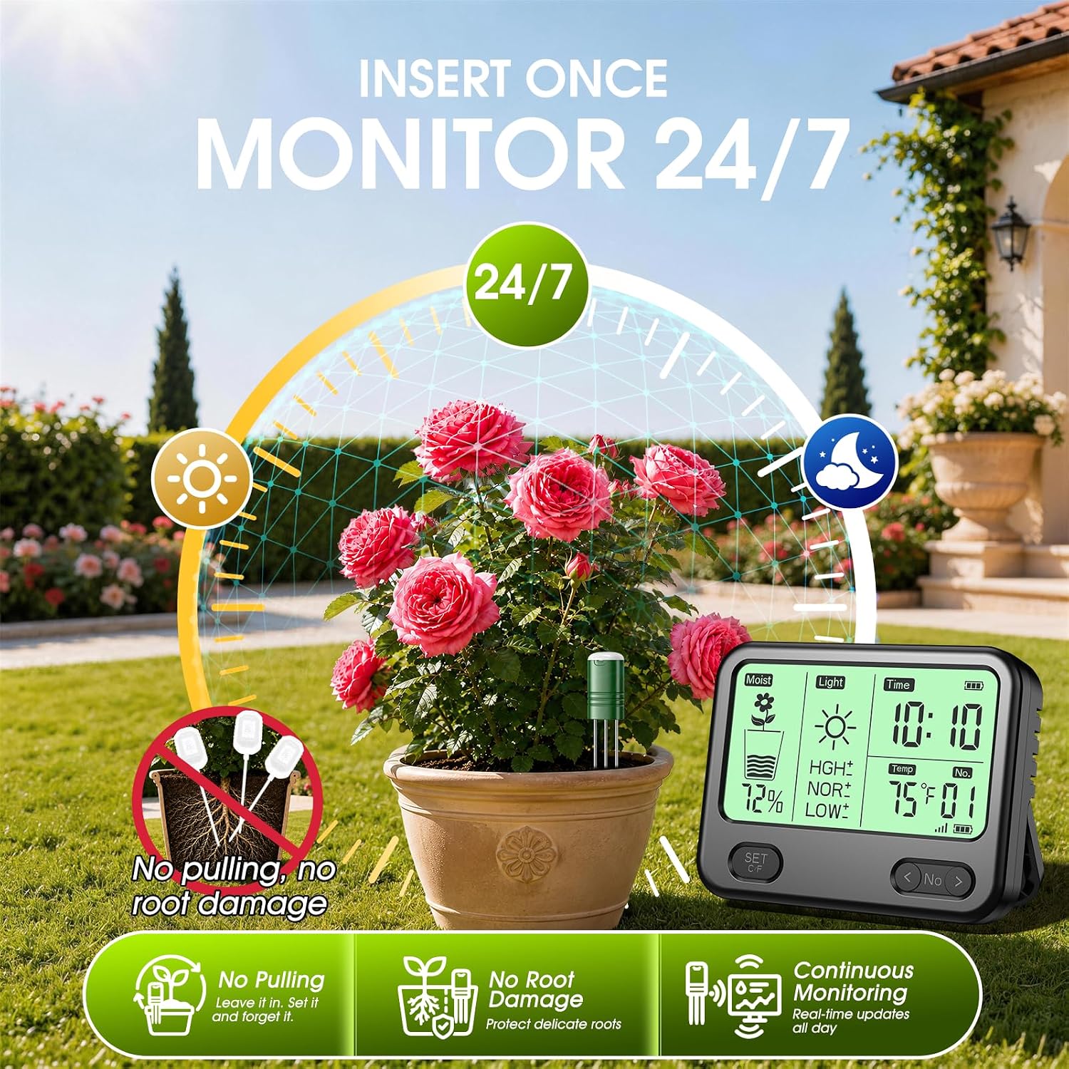 Soil Moisture Meter for Plants,4-in-1 Wireless Soil Tester,Soil Thermometer/Moisture/Sunlight Time,Large