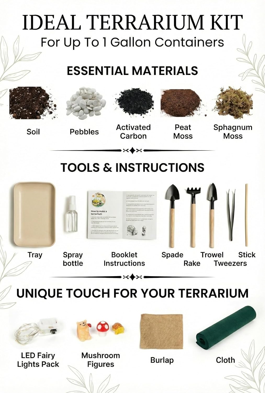 DIY Terrarium Kit with 13 Items Soil Pebbles Sphagnum Moss Activated Carbon Burlap Peat Moss Terrarium Tools Indoor