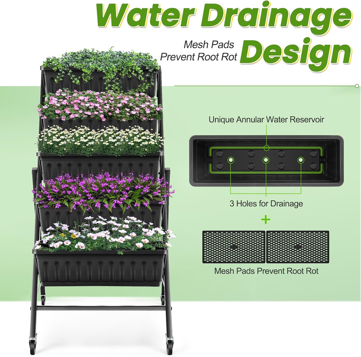 TEANDE Vertical Raised Garden Bed with Lockable Wheels, 5-Tier Elevated Planter Box w/Drainage System & 4 Hooks for