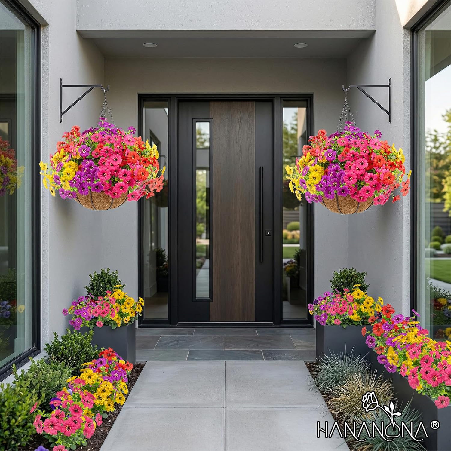 Hananona 2 Set Artificial Outdoor Flowers with Hanging Basket, 2 Hanging Planters with 24 Pcs Flowers for Spring Summer