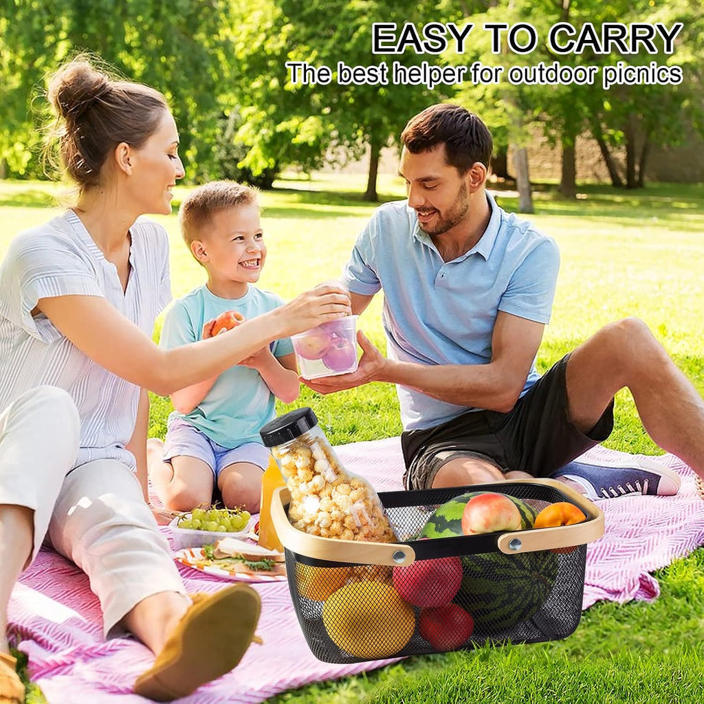 Portable Garden Harvest Basket-Mesh Design Natural Bamboo Handle Wire Storage Baskets,Mesh Basket with Handle Organize