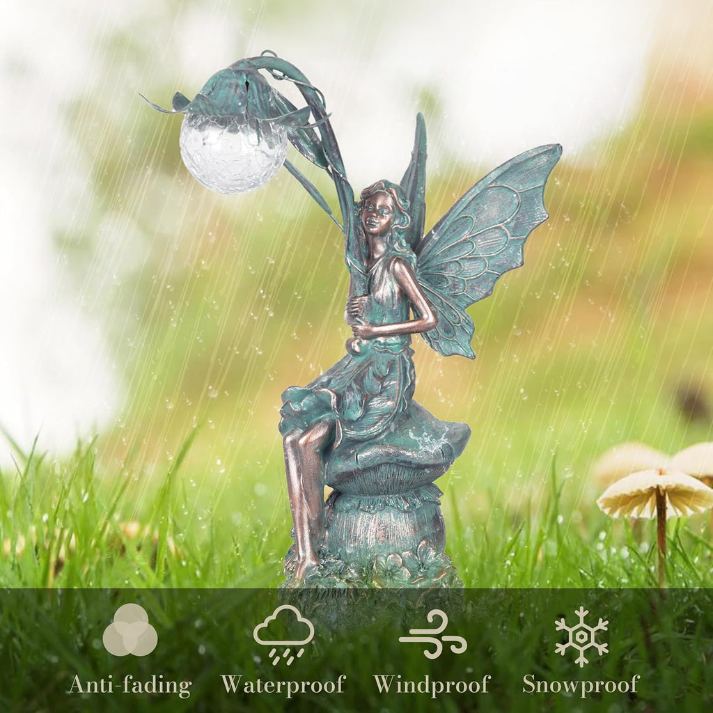TERESA'S COLLECTIONS Garden Statues Fairy Sculptures & Statues, Outdoor Solar Light Garden Decor Resin Patina Bronze