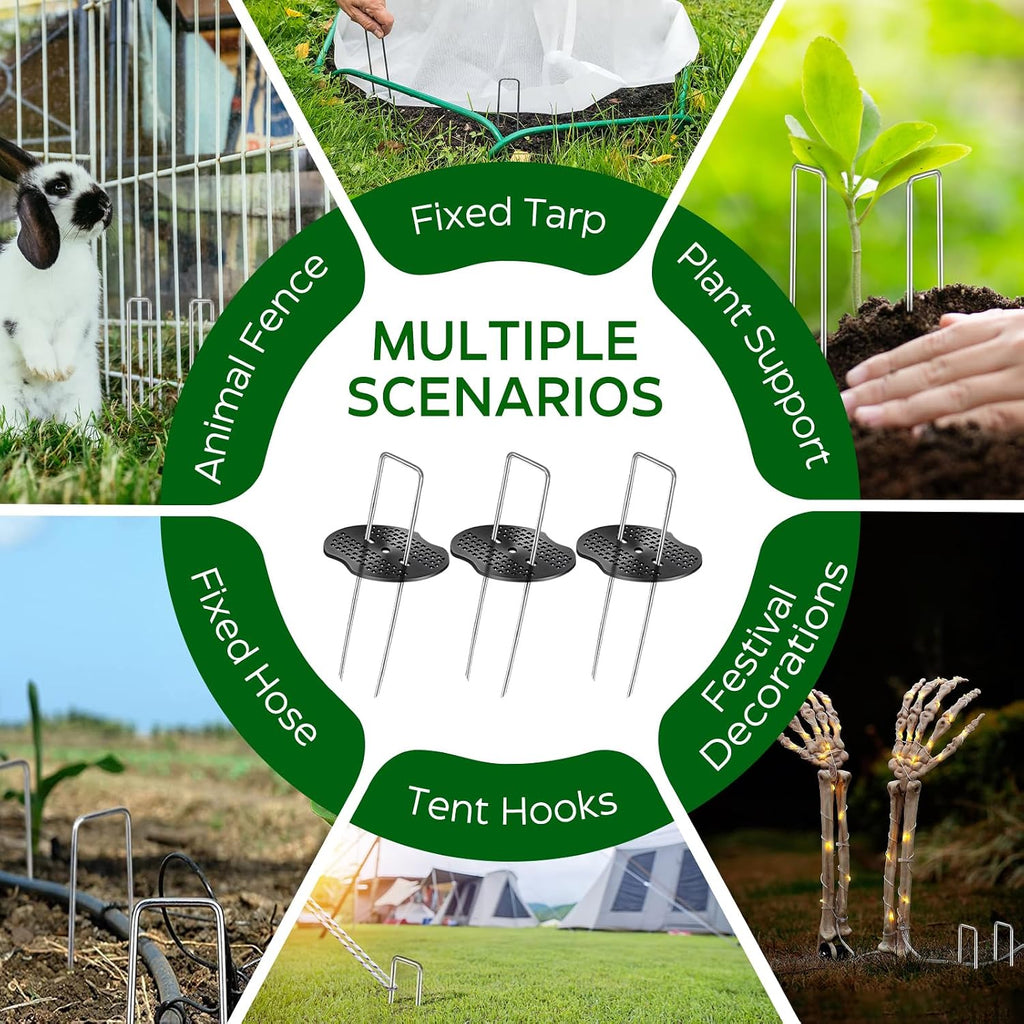 200 Pcs Garden Stakes Landscape Staples Set, 6 Inch 11 Gauge Heavy Duty Galvanized 100 U-Shaped Pins with 100 Gaskets