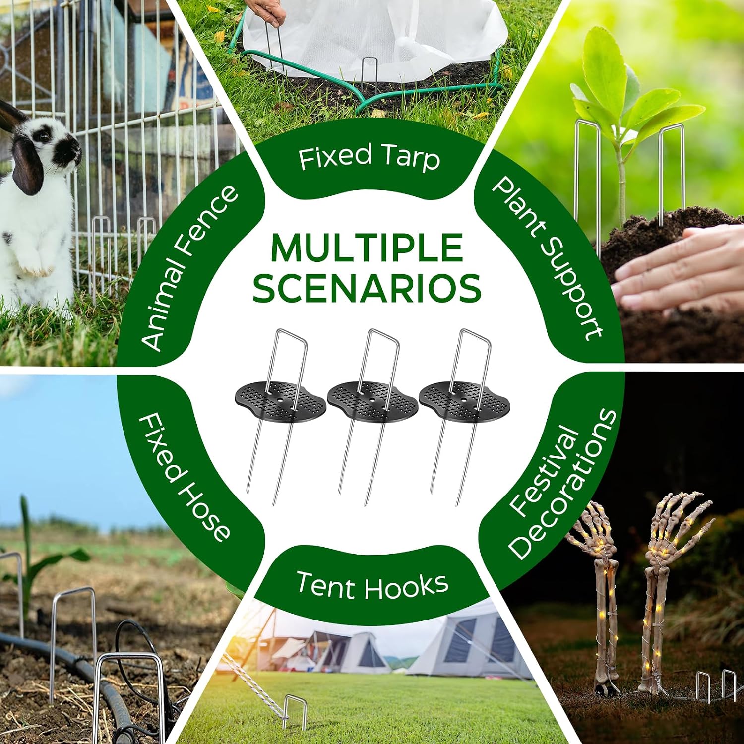 200 Pcs Garden Stakes Landscape Staples Set, 6 Inch 11 Gauge Heavy Duty Galvanized 100 U-Shaped Pins with 100 Gaskets