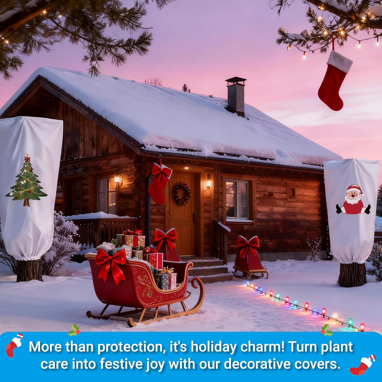 71"h x 47"w Plant Covers Freeze Protection - Reusable Tree wrap for Outdoor Plants,Cloths with Santa Claus Print