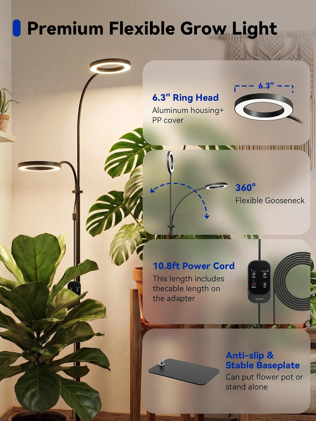 Grow Lights for Indoor Plants,Full Spectrum Plant Light with Stand | 36W Floor Grow Light with Adjustable Height