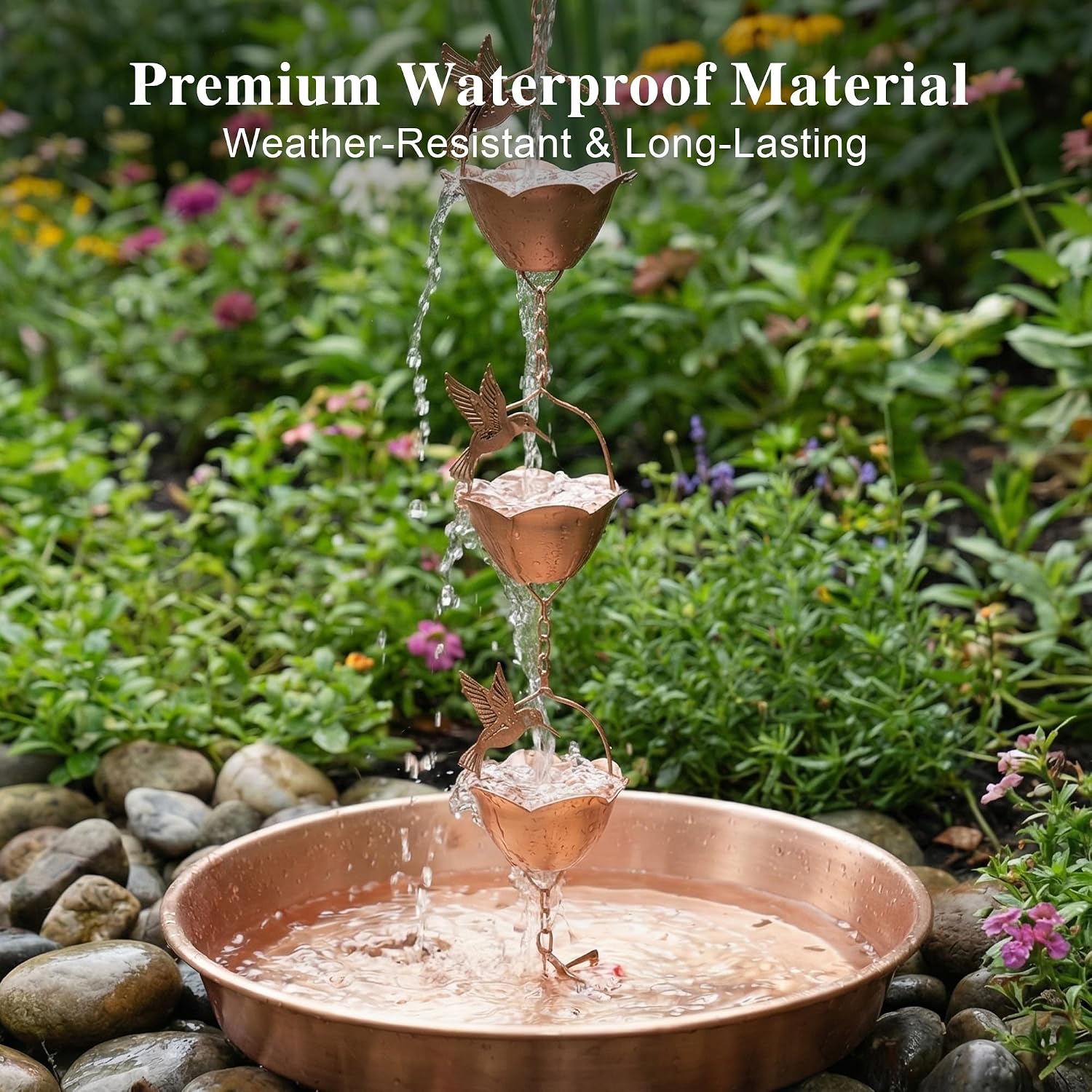 DUSVALLY 8FT Hummingbird Rain Chain for Gutters, Copper-Tone Metal | 12 Flower Cups • Hummingbird Design • Copper-Tone