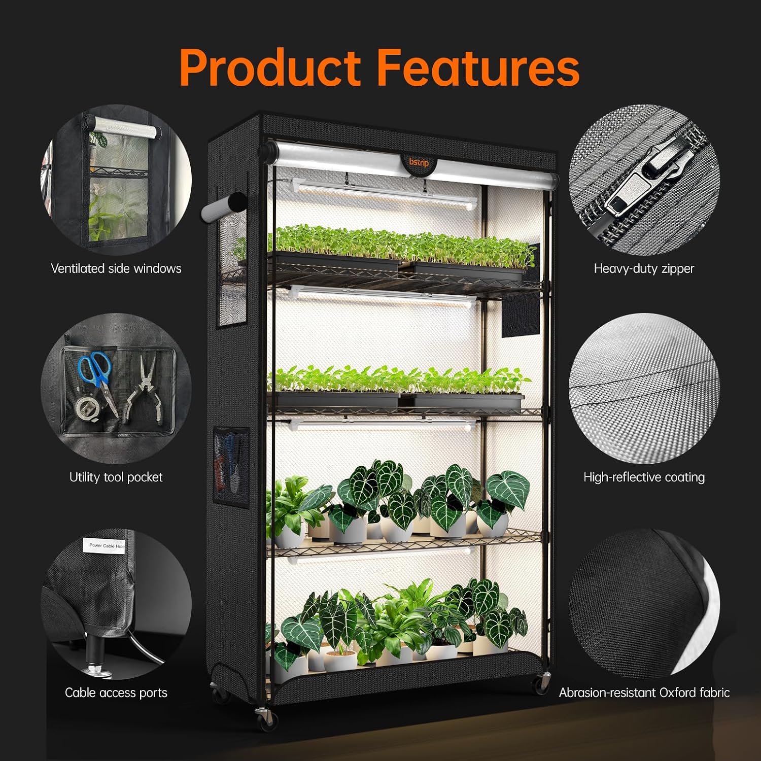 Indoor Greenhouse with Grow Light Oxford Cover, 35.4x13.8x59in | 4-Tier Indoor Greenhouse Cabinet, Base Tray, 4-Pack