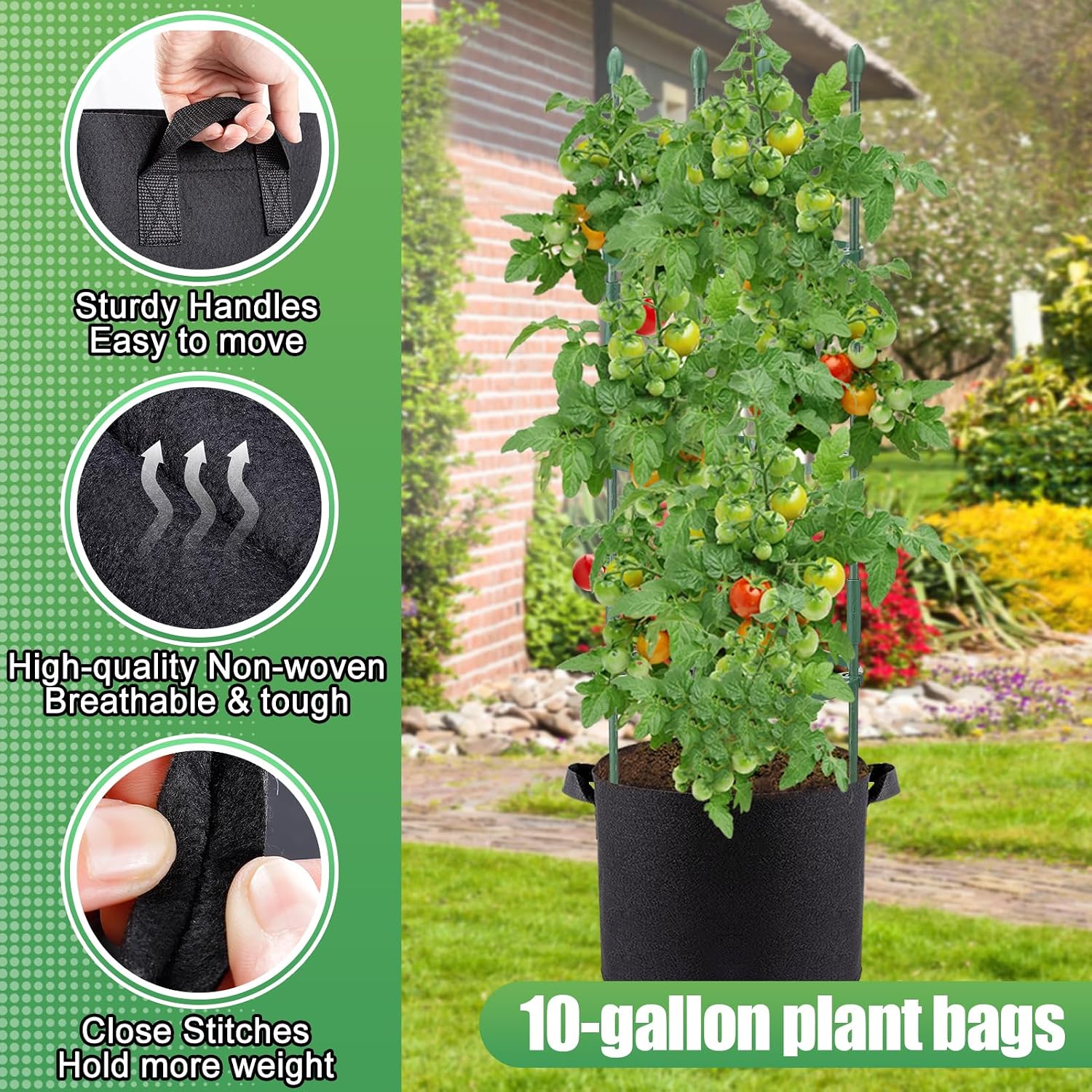 2 Sets Sturdy Tomato Cage with 10 Gal Grow Bags - 48.5" Plants Garden Trellis Planter Kit, Support for Indoor Outdoor